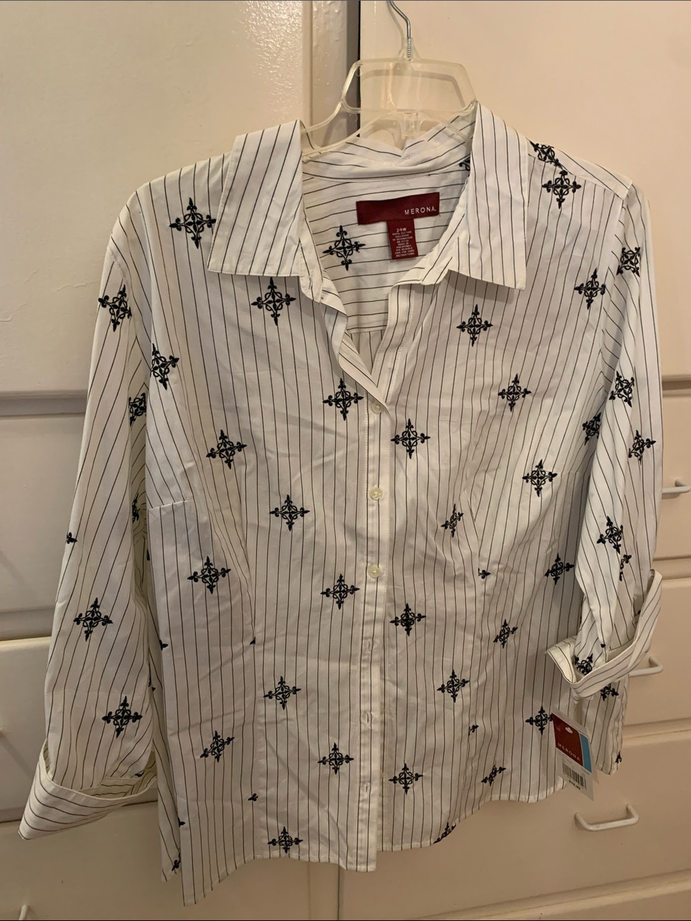 Merona White Shirt with Black Pinstripes and Black Medallion Print